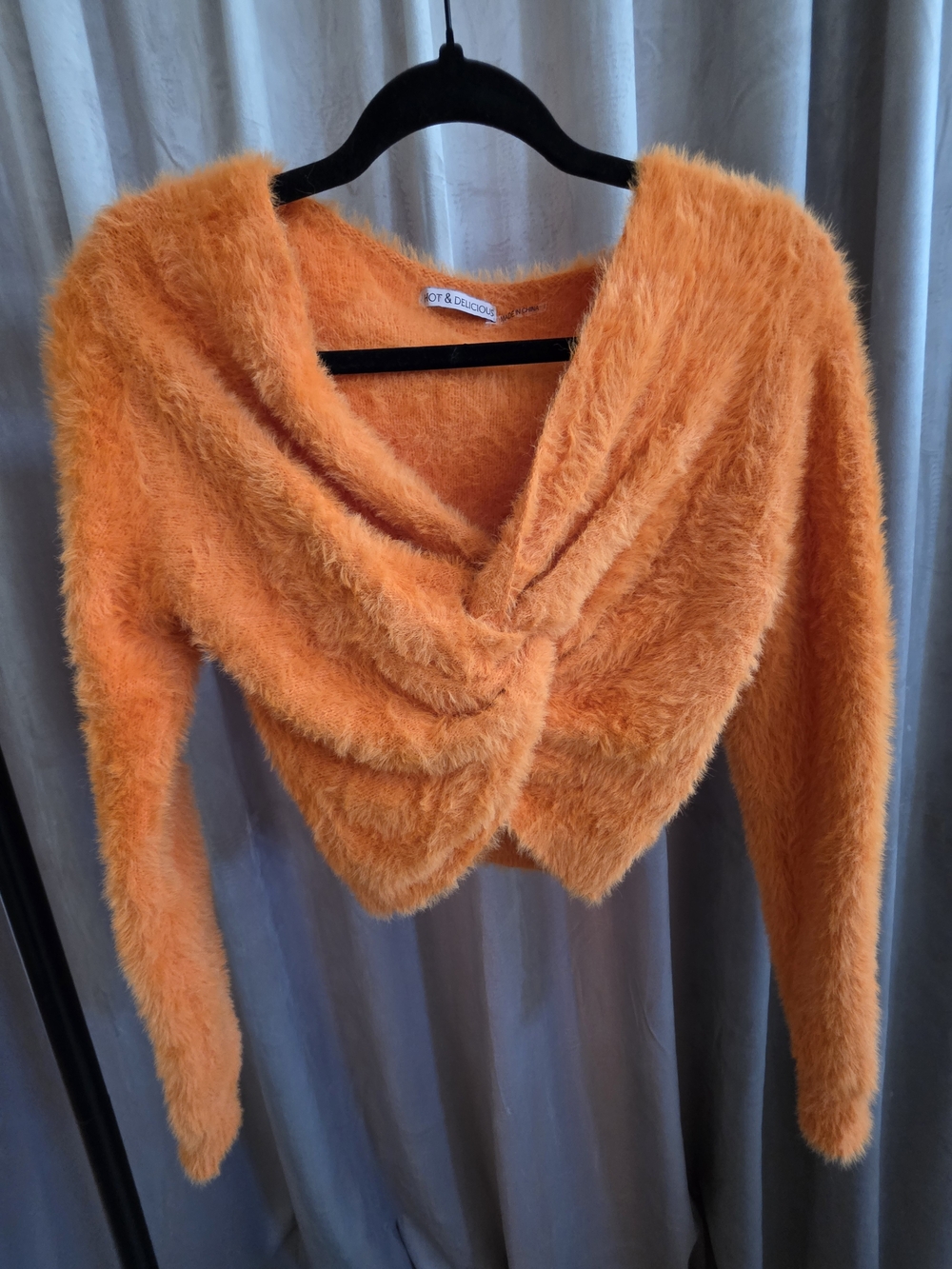 Hot & Delicious Orange Fuzzy Eyelash Cropped Cardigan Sweater S/M